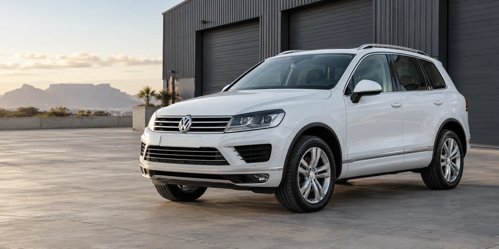 White Volkswagen Touareg outside a contemporary workshop